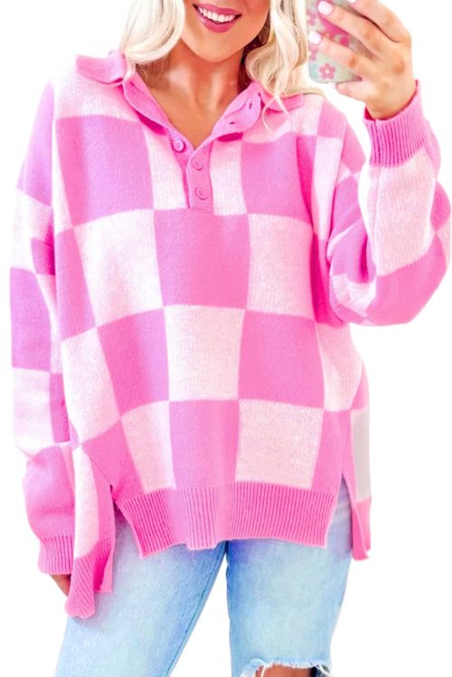 Women's Pink Checkerboard Half Button Collared Drop Shoulder Sweater