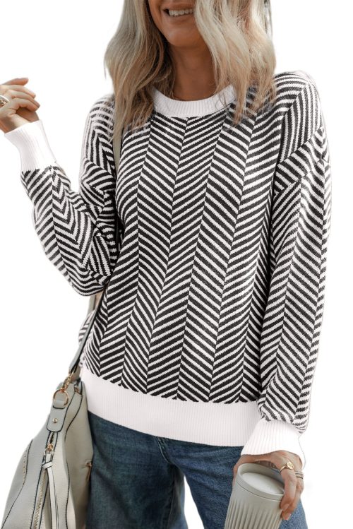 Women's Black Contrast Edge Crew Neck Long Sleeve Sweater