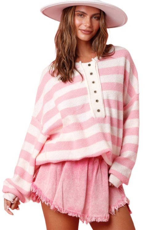 Women's Cozy Pink Stripe Half Button Drop Shoulder Sweater for Casual Wear