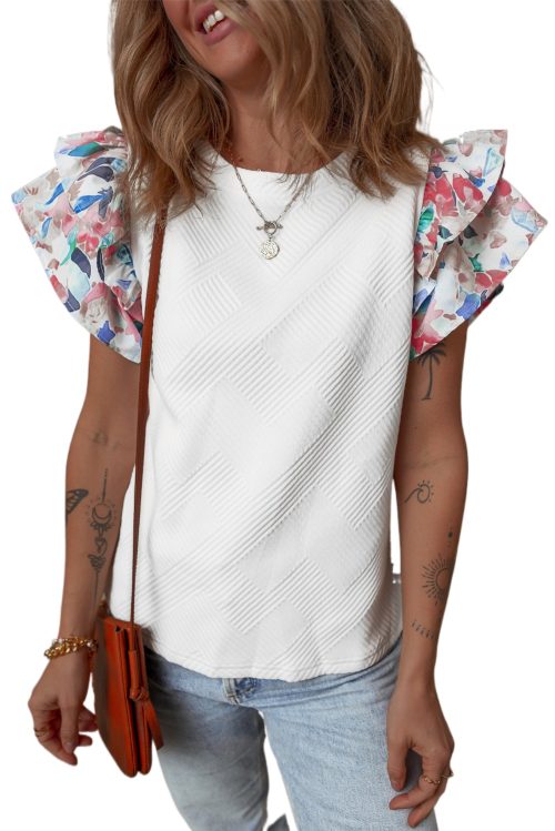 Women's White Abstract Print Tiered Ruffled Sleeve Textured Knit Top