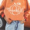 Women's Orange Pumpkin Thankful Graphic Corded Sweatshirt - Image 2