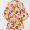 Women's Orange Blooming Floral Print Front Tie Romper with Pockets - Image 9