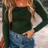 Women's Blackish Green Solid Color Square Neck Long Sleeve Slim Fit Bodysuit - Image 2