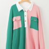 Women's Pink Colorblock Ribbed Oversized Sweatshirt with Buttoned Neckline - Image 4