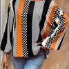 Women's Orange Polka Dot and Vertical Striped Puff Sleeve Blouse - Elegant Casual Top - Image 4