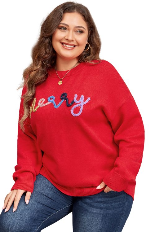 Fiery Red Tinsel Merry Pattern Drop Shoulder Plus Size Sweater for Women