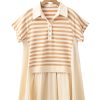 Women's Khaki Stripe Two-in-One Collared Cap Sleeve Mini Dress - Trendy Patchwork Design - Image 13