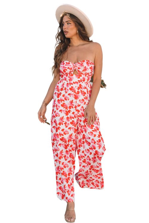 Women's Pink Floral Print Twisted Bandeau Keyhole Pleated Wide Leg Jumpsuit