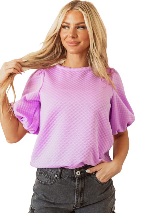 Women's Phalaenopsis Solid Textured O Neck Puff Sleeve Blouse - Casual Elegance for Every Occasion