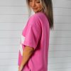 Women's Sachet Pink Contrast Flower Drop Shoulder Loose T-Shirt - Image 2