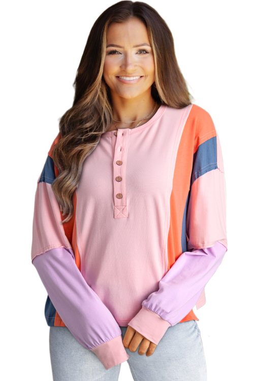 Women's Pink Colorblock Long Sleeve Henley Top with Button Detailing