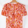 Women's Orange Floral Print Ruffled Short Puff Sleeve Split Neck Blouse - Image 11