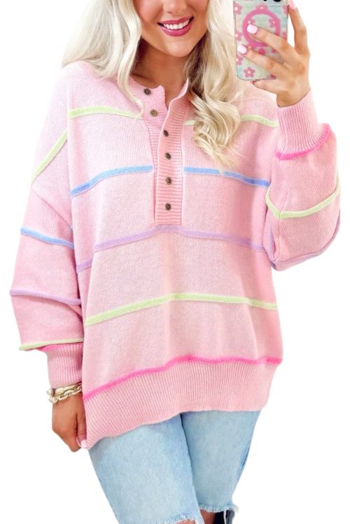 Women's Pink Rainbow Stripes Drop Shoulder Baggy Henley Sweater for Cozy Winter Style