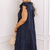 Elegant Navy Blue Plus Size Dress with Collared V Neck and Flutter Sleeves - Image 12