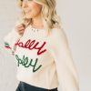 Women's Beige Tinsel Holly Jolly Graphic Sweater - Festive Christmas Knitwear - Image 3