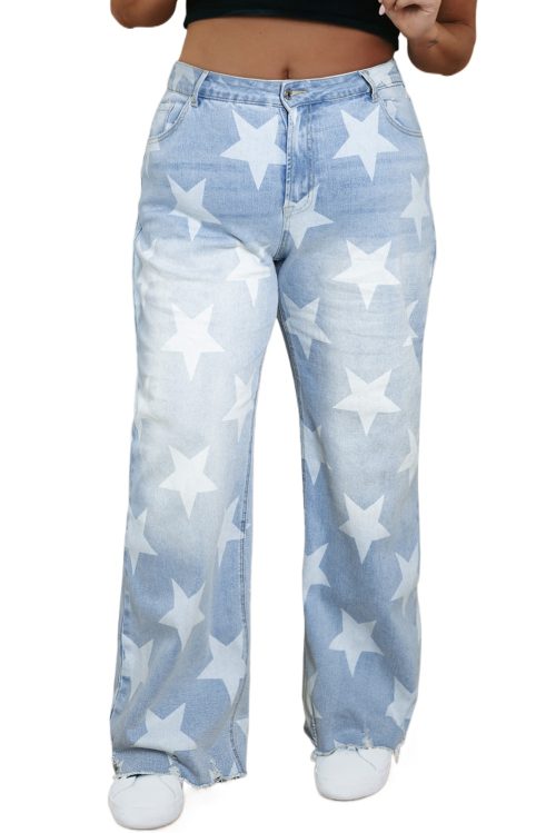 Plus Size Beau Blue High Waist Star Pattern Jeans