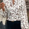 Women's Khaki Leopard Print Balloon Sleeve Blouse with Split Neck - Image 6