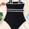 Women's Elegant Black Colorblock Edge Belted One Piece Swimsuit with Padded Support - Image 13