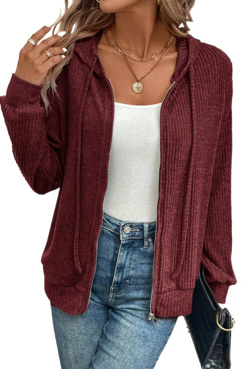 Women's Red Dahlia Ribbed Zip Up Front Drawstring Hoodie - Casual Comfort and Style