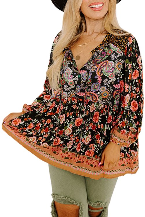 Black Plus Size Paisley Floral Print V Neck Bubble Sleeve Blouse for Women