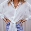 Women's White Loose Fit Knotted Front Sheer Shirt - Image 6