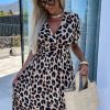 Women's Khaki Leopard V Neck Cinched High Waist Open Back Maxi Dress - Image 6