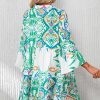 Women's Green Tribal Printed Mini Dress with Buttoned Flounce Sleeves - Image 2