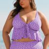 Women's Plus Size Purple Polka Dot Print Ruffled Knotted V Neck Tankini Set - Image 5