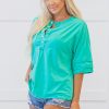 Women's Mint Green Solid Color Half Sleeve Button Henley Top - Image 4