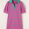 Women's Pink Stripe Collared V Neck Puff Sleeve T-Shirt Mini Dress - Image 3