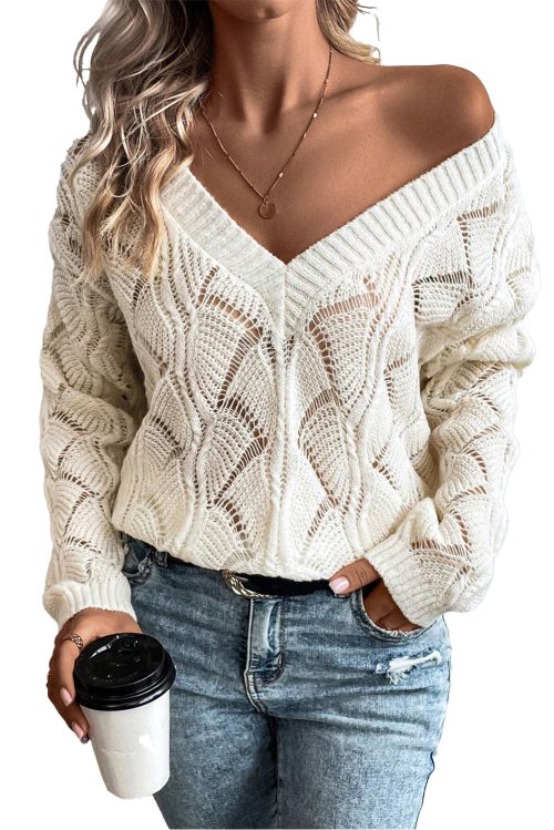 Women's Beige Hollow Out Knit Drop Shoulder V Neck Sweater