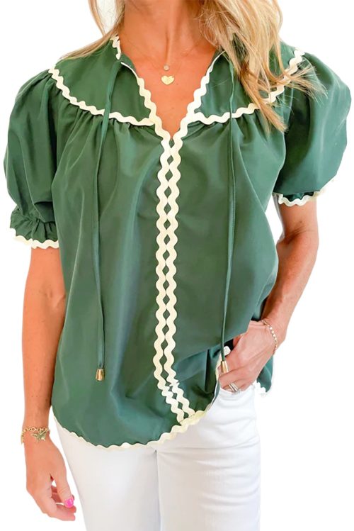 Women's Mist Green Ric Rac Trim Tie Split Neck Blouse - Trendy Short Sleeve Top