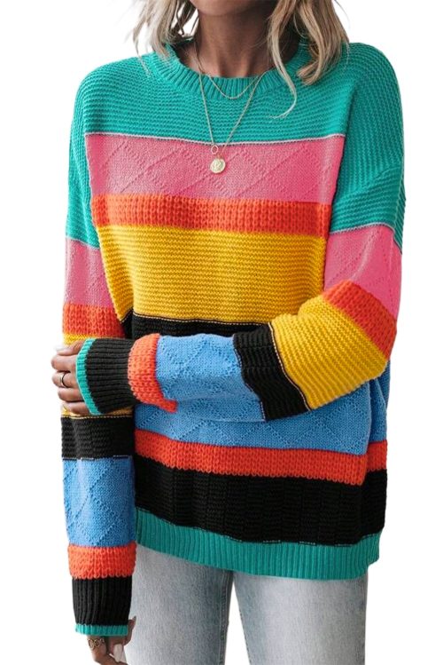 Women's Yellow Colorblock Mixed Textured Drop Shoulder Sweater for Casual Fall Style