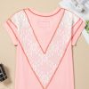 Women's Light Pink Lace Patchwork V Neck T-Shirt with Exposed Seams - Image 9