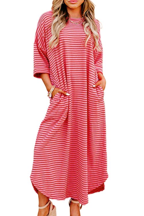 Strawberry Pink Striped Semi-Fitted Shift T-Shirt Dress with 3/4 Sleeves