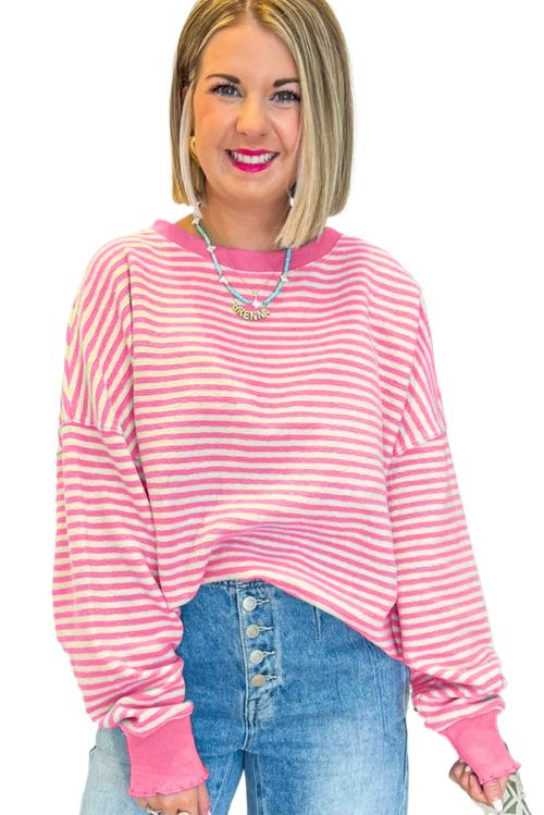 Women's Pink Stripe Loose Drop Shoulder Long Sleeve Top - Casual Fall Fashion