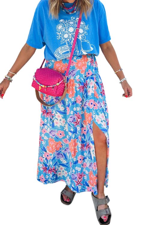 Women's Sky Blue Floral Printed High Waist Split Wrap Maxi Skirt