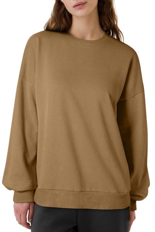 Women's Camel Solid Fleece Lined Drop Shoulder High Low Sweatshirt