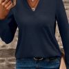 Women's Dirty Blue Notch V Neck Long Sleeve T-Shirt with Pocket - Image 6