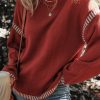 Women's Red Dahlia Color Contrast Trim Drop Shoulder Crew Neck Sweater - Image 6