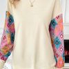 Women's Apricot Geometric Printed Patchwork Long Sleeve Round Neck Top - Image 3