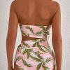 Women's Pink Tropical Asymmetric Cut-Out Halter Backless One Piece Swimwear - Image 4