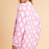 Women's Pink Rhombus Pattern Knit Open Front Cardigan with Pockets - Image 2