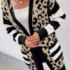 Women's Black Stripe Sleeve Leopard Print Open Front Cardigan with Pockets - Image 4