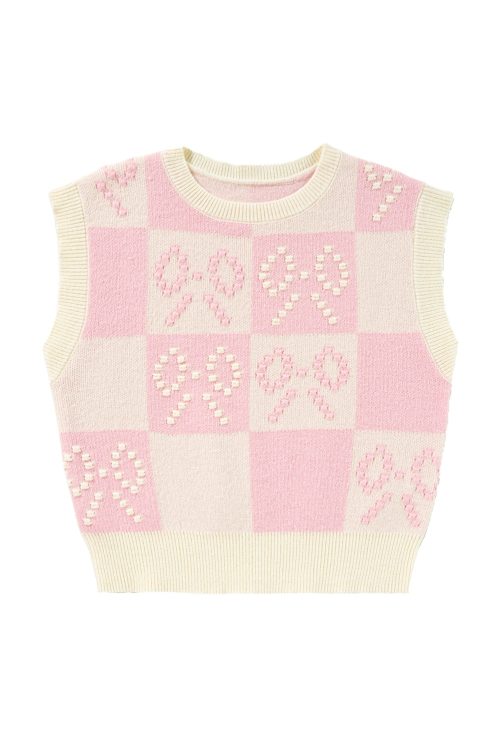 Women's Pink Preppy Bow Detail Checkered Sweater Vest for Stylish Layering