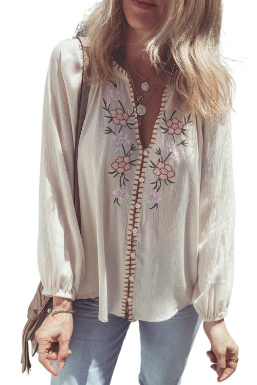 Women's Beige Floral Embroidered Textured Puff Sleeve Loose Shirt