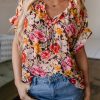 Charming Women's Pink Floral Print Crew Neck Short Sleeve Shift Blouse - Image 9