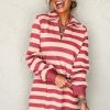 Women's Pink Stripe Collared V Neck Long Sleeve Casual Dress with Pockets - Image 6