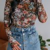 Women's Brown Floral High Neck Long Sleeve Sheath Blouse - Image 6