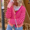 Women's Pink Striped Buttoned V Neck Drop Shoulder Cardigan - Elegant Fall Sweater - Image 4